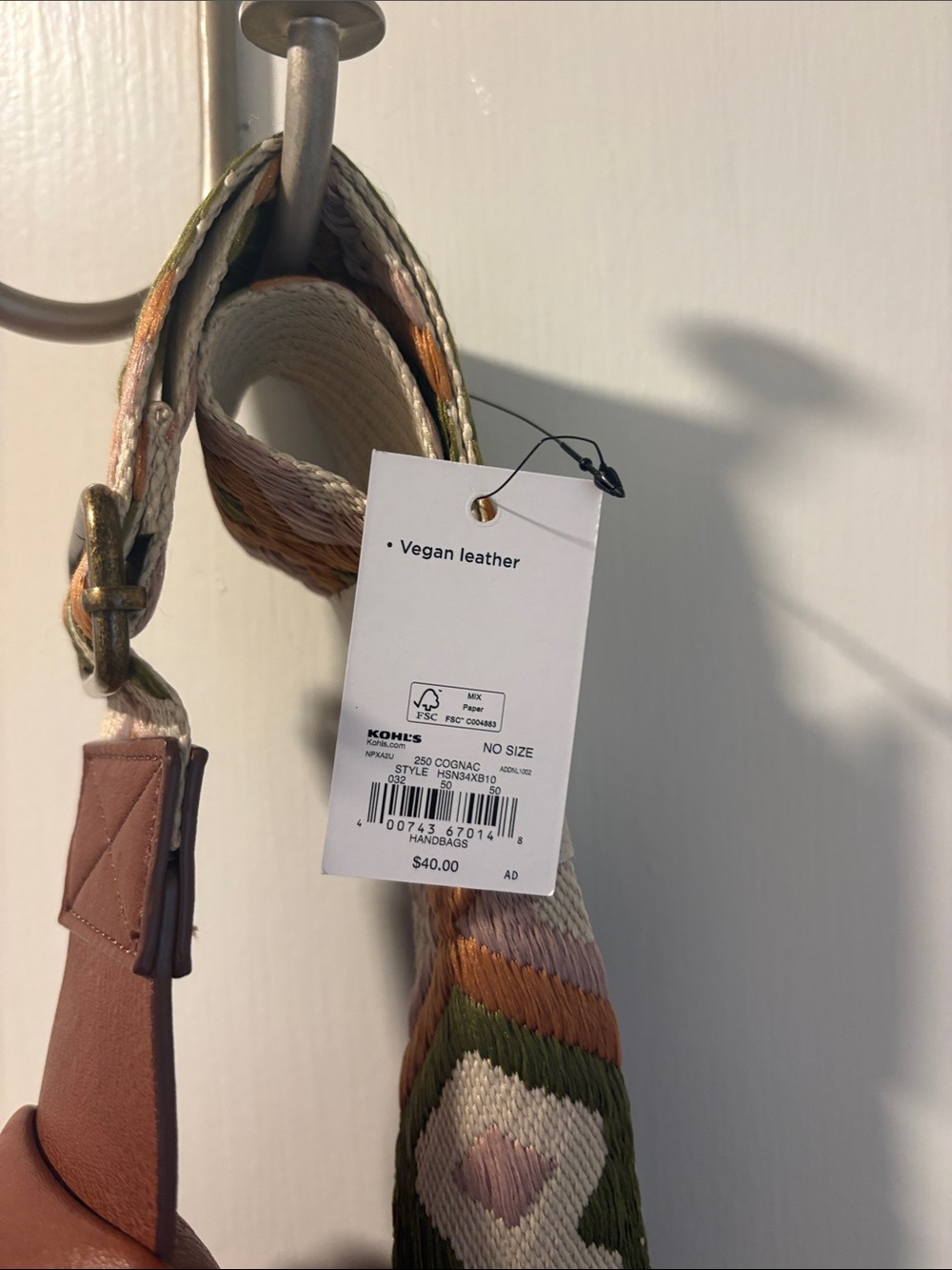 Sonoma Brown Vegan Leather Crossbody Sling with Patterned Green Strap - Picture 2 of 3